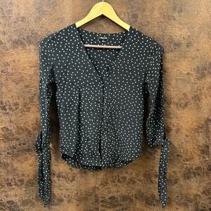 Madewell Womens XS Black Creme Star Button Up Silk Blouse Bow Tie Sleeve Cuff